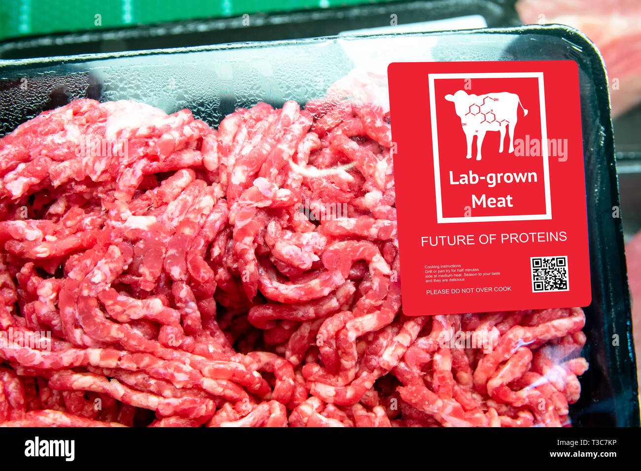 Artificial beef lab grown meat in retail supermarket emerging field of