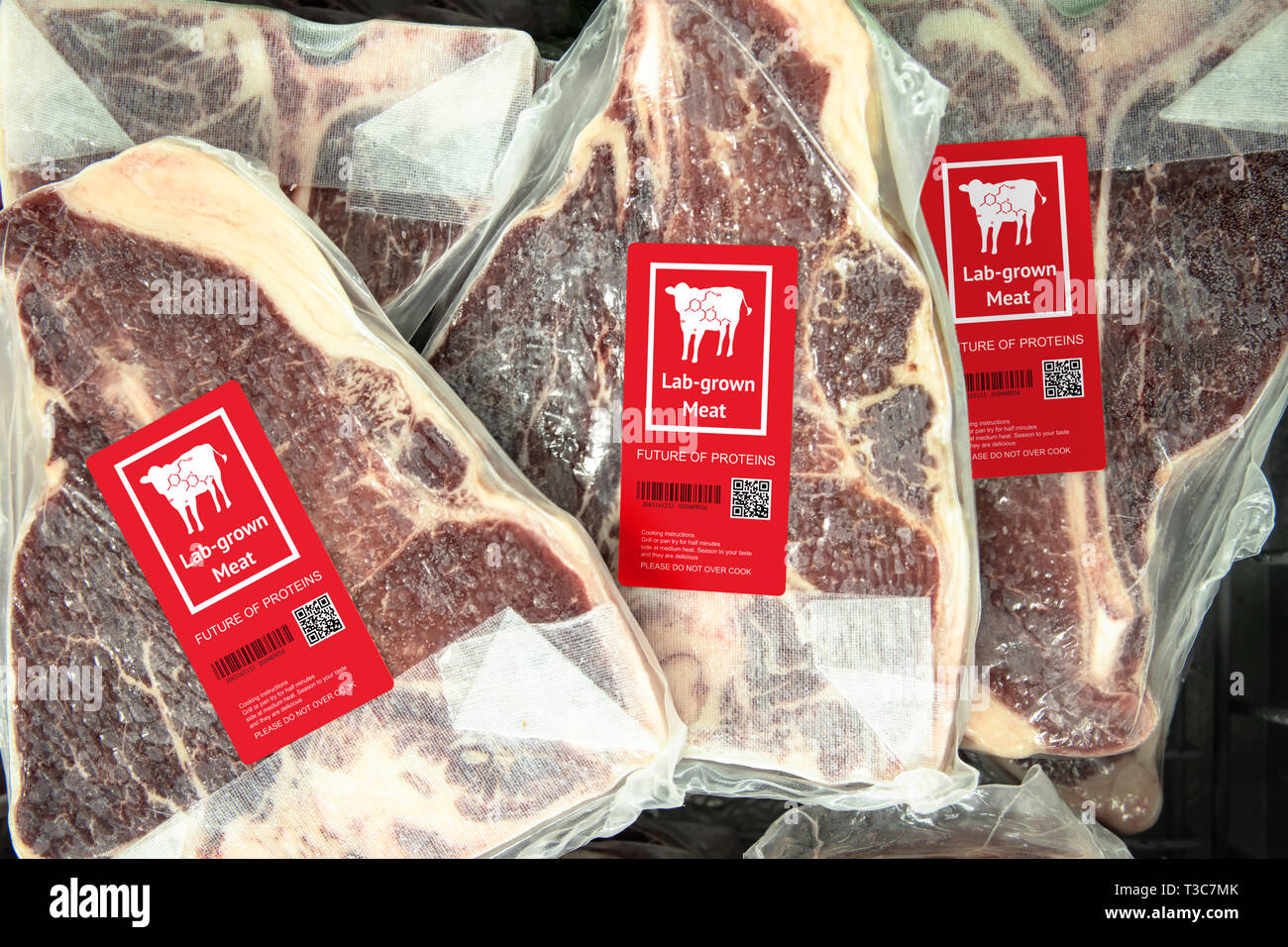 Artificial beef lab grown meat in retail supermarket emerging field of