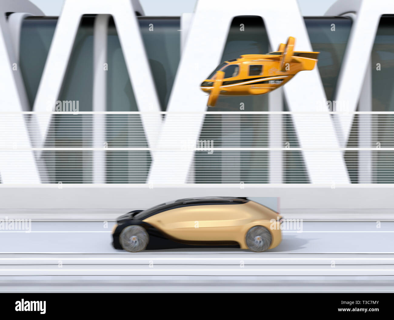 Self-driving Passenger Drone Taxi flying over an autonomous electric car driving on the highway. MaaS concept. 3D rendering image. Stock Photo