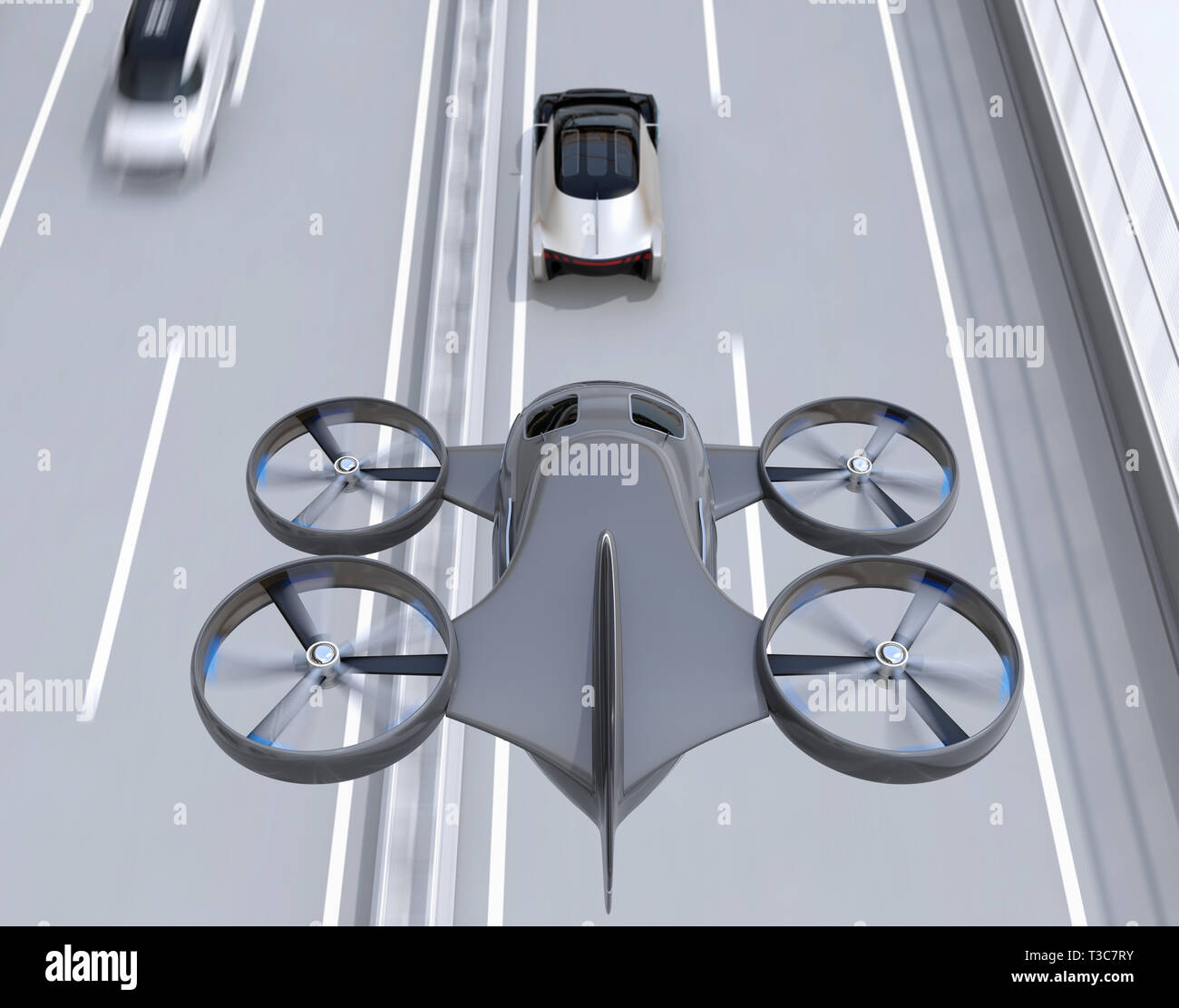 Self-driving Passenger Drone Taxi flying over an autonomous electric car driving on the highway. MaaS concept. 3D rendering image. Stock Photo