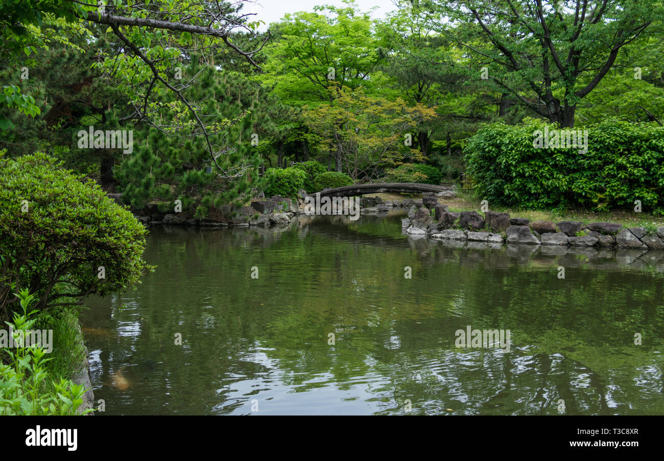 Himeji Castle Garden, japanese Garden, with bridge, koys, water and