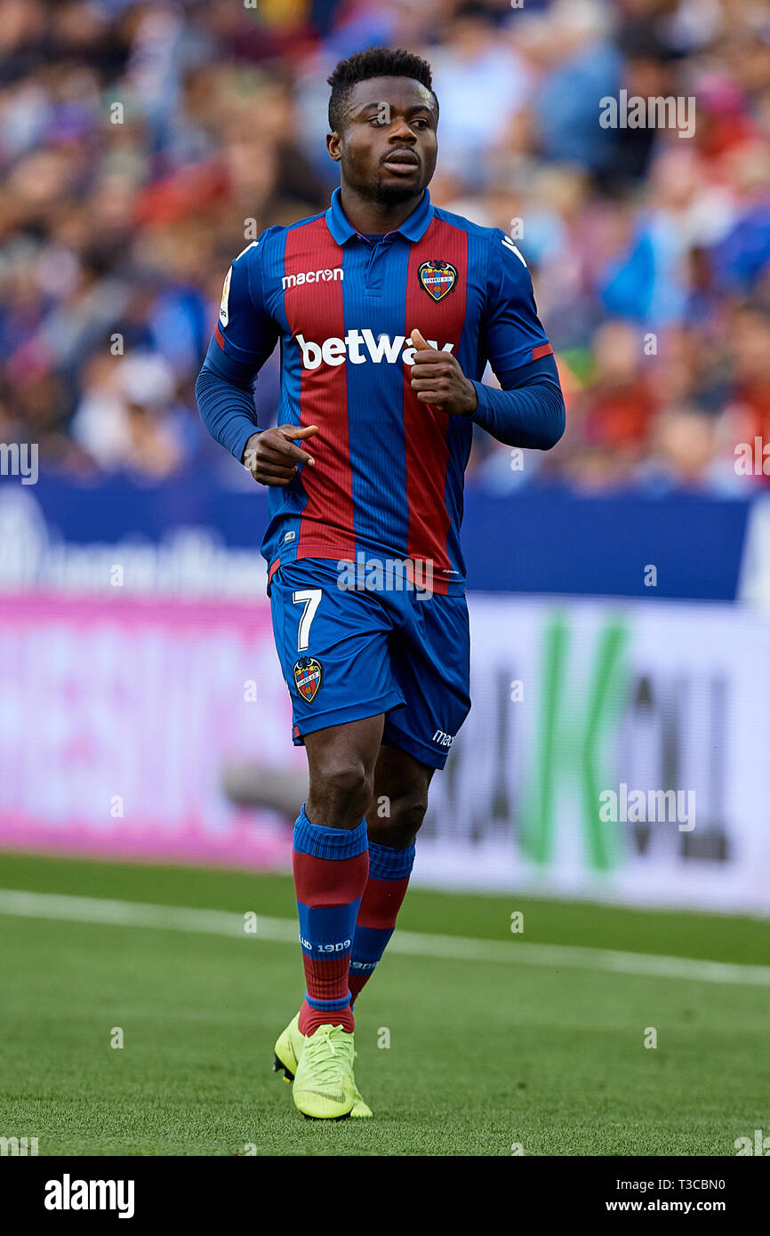 VALENCIA, SPAIN - APRIL 07: Moses Daddy-Ajala Simon of Levante UD in action  during the La Liga match between Levante UD and SD Huesca at Ciutat de  Valencia on April 7, 2019