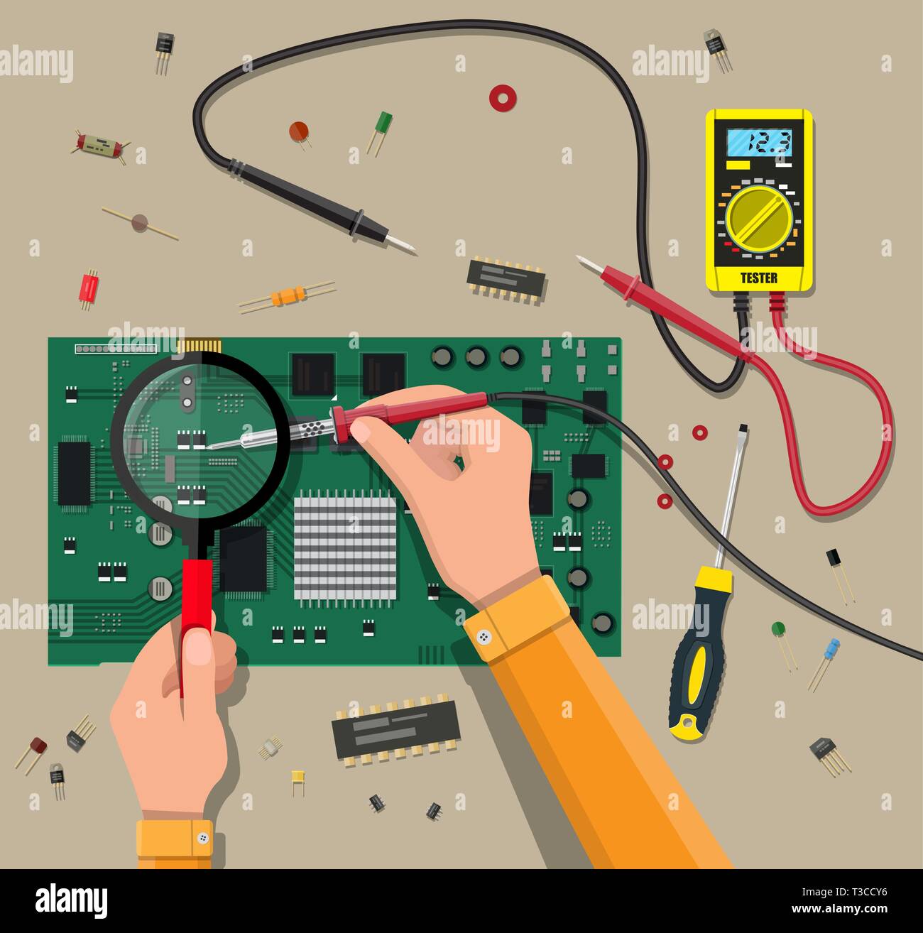 Hands of engineer with digital multimeter and soldering tool checks