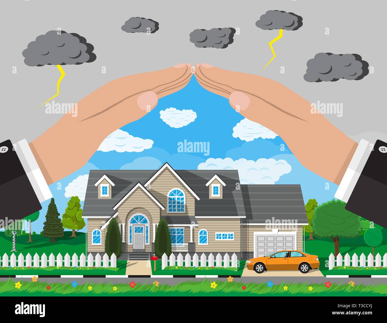 House and car insurance concept. Hands over house with car, fence, trees, sun. Vector illustration in flat style Stock Vector