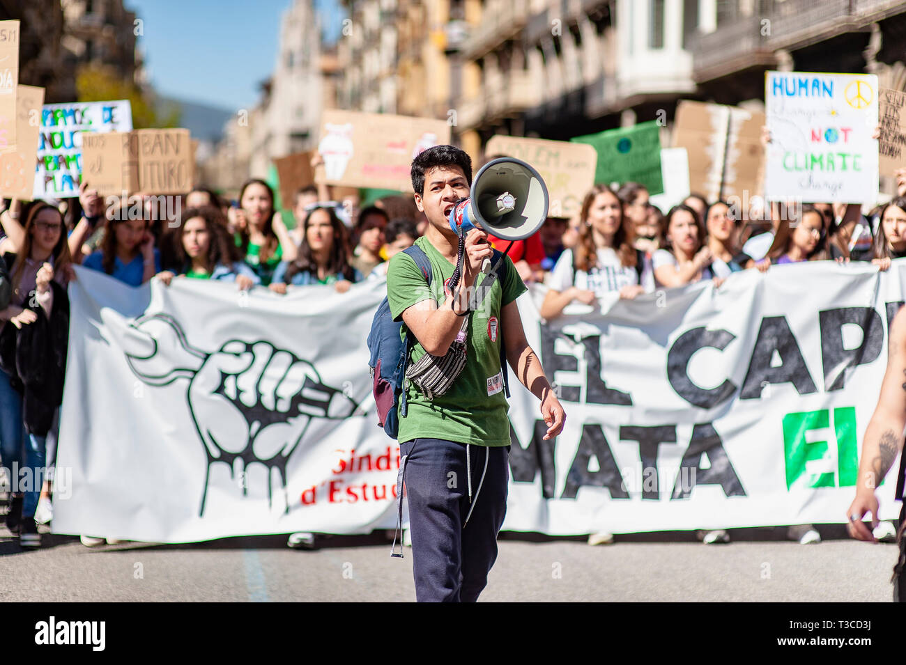 Global climate change strike organised by Catalan and international students. Barcelona March 2019 Stock Photo