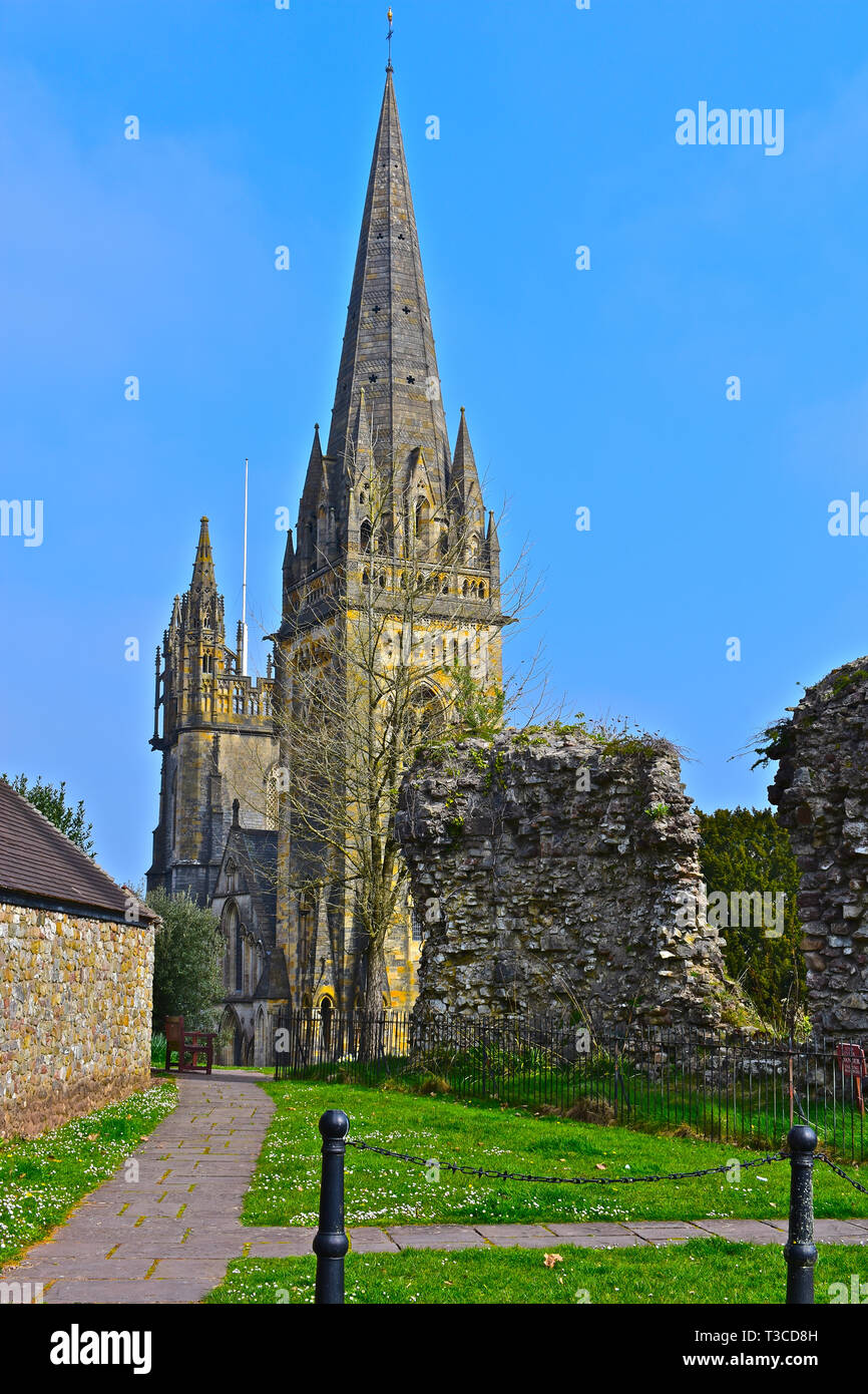 Village of Llandaff on the outskirts of Cardiff is a well to do residential area. Street view of the towers & spires of Llandaff Cathedral. Stock Photo