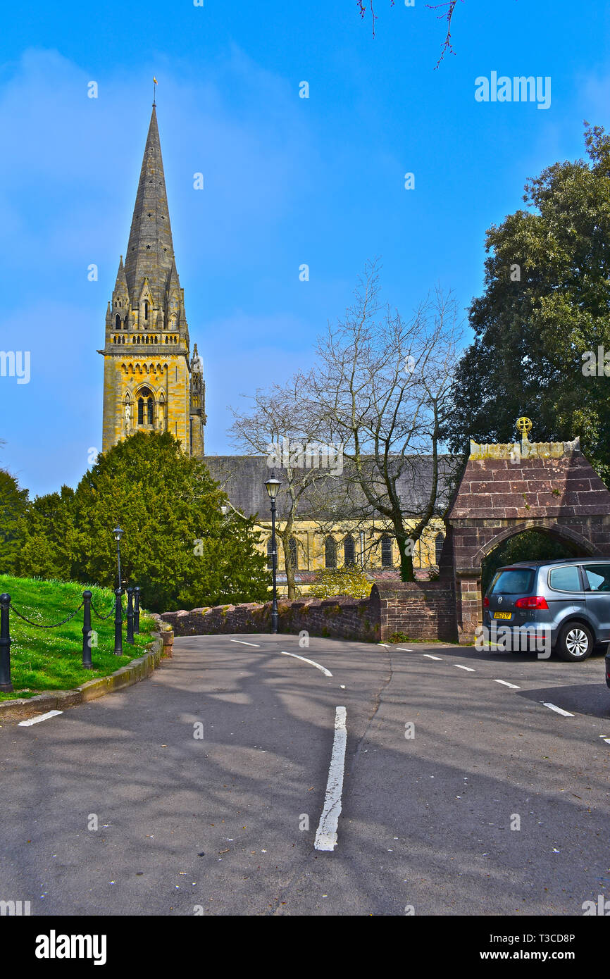 Village of Llandaff on the outskirts of Cardiff is a well to do residential area. Street view of the towers & spires of Llandaff Cathedral. Stock Photo