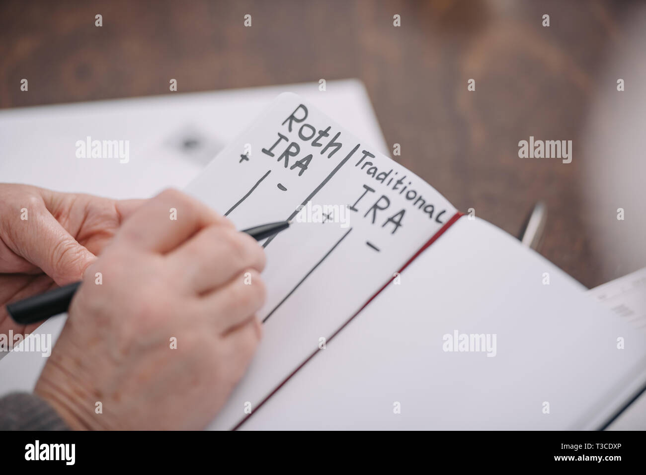 cropped view of senior woman writing in notebook with roth ira and traditional ira words Stock Photo