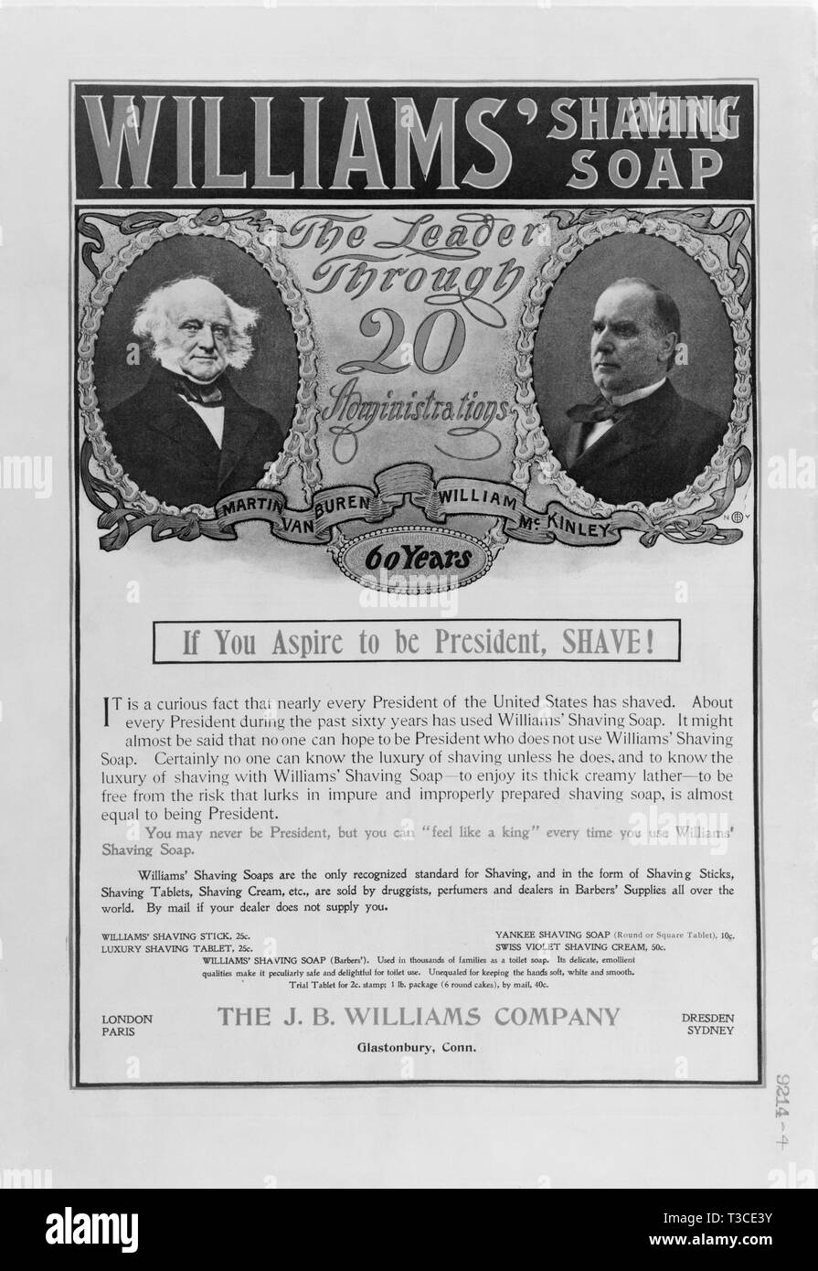 Advertisement for Williams' Shaving Soap showing head and shoulder portraits of U.S. Presidents Martin Van Buren and William McKinley, P.F. Collier & Son, March 16, 1901 Stock Photo