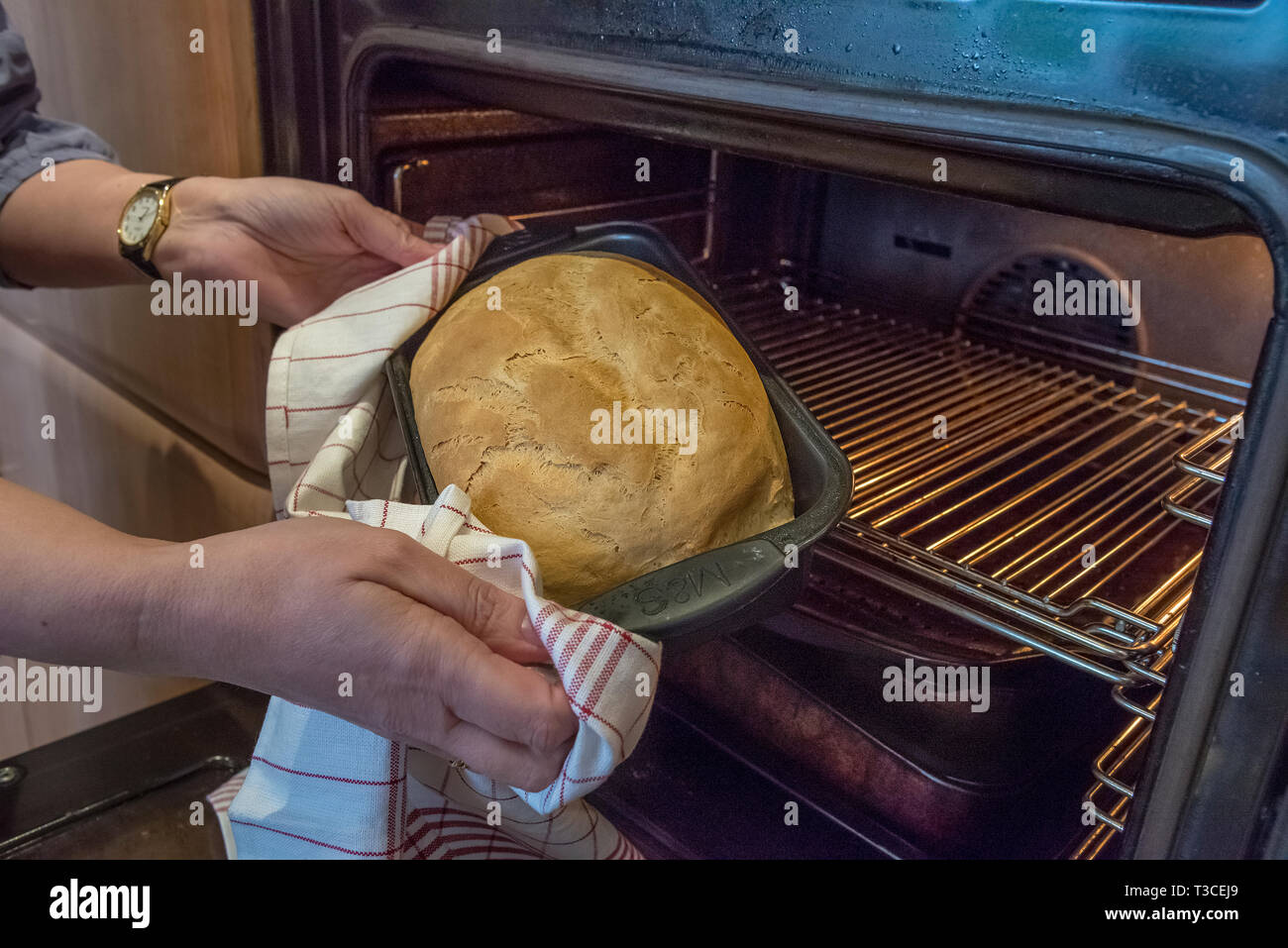 Home baking newly freshly fresh loaf of bread straight from the oven. Stock Photo