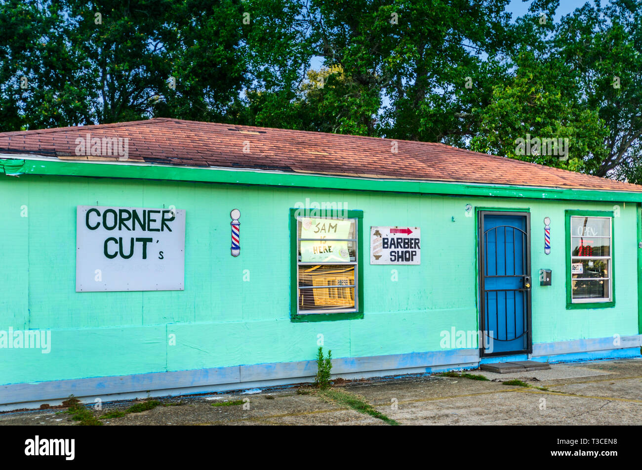 Corner Cuts barbershop is pictured, Aug. 15, 2015, in Bayou La Batre, Alabama. Stock Photo