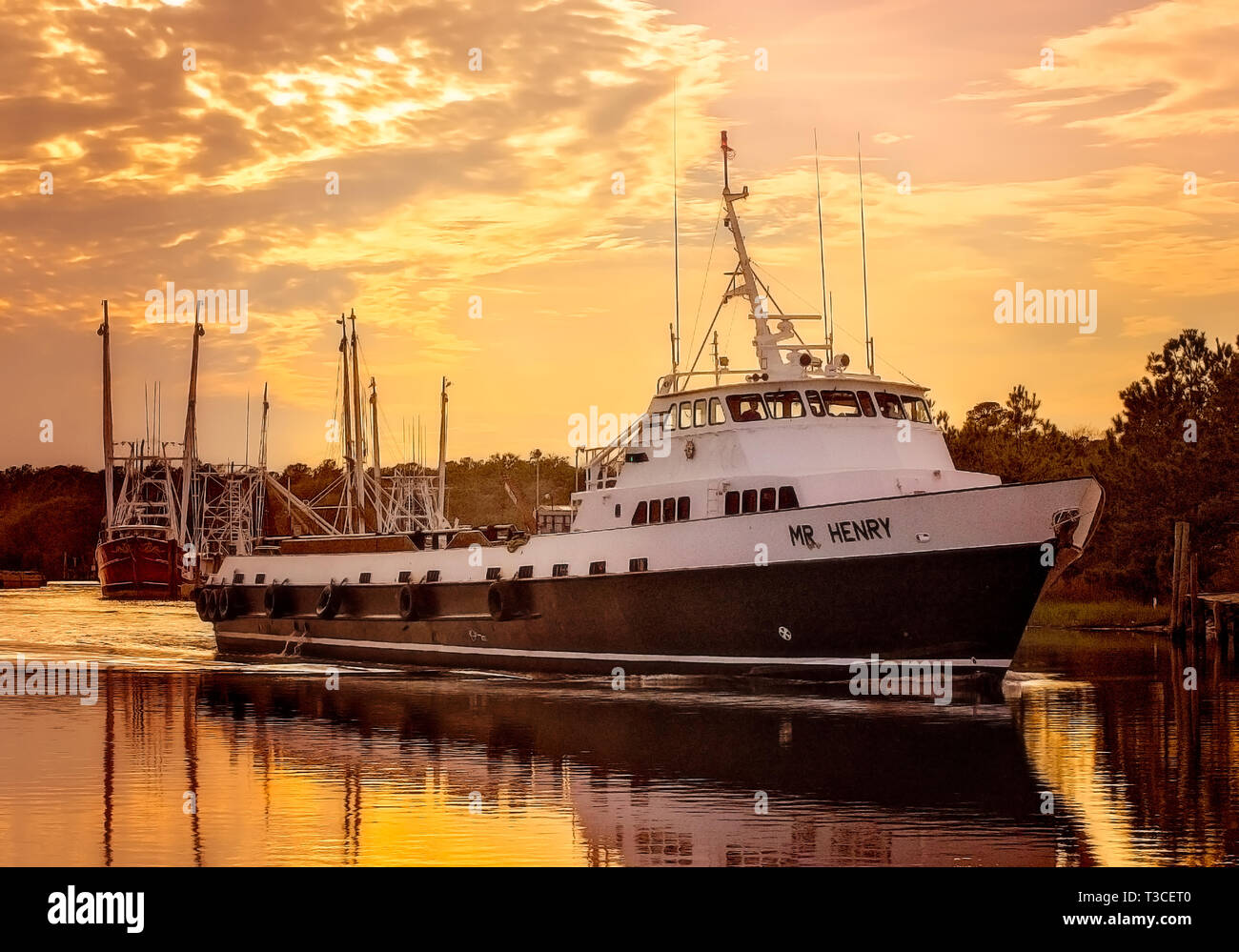 Mr. Henry, a crew boat and supply vessel, comes into port, March 4, 2017, in Bayou La Batre, Alabama. Stock Photo