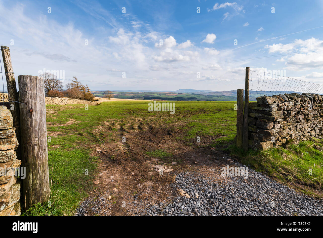 Looking through a gateway on Merrybent hill towards a distant Pendle Hill in Lancashire, England. 06 April 2019 Stock Photo