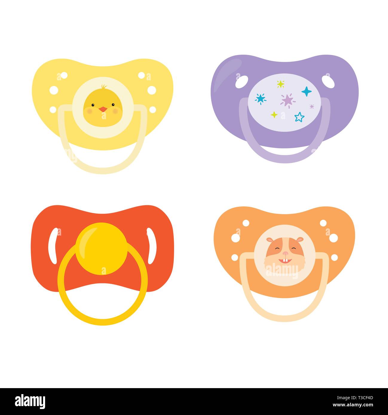 Set of children's pacifiers. Baby care equipment. Vector illustration. Stock Vector