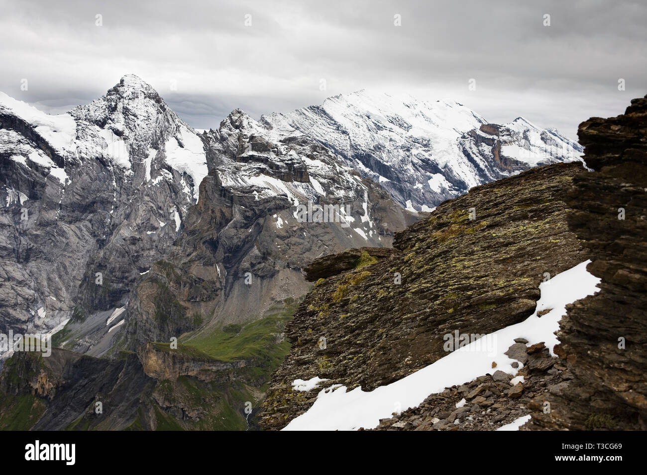 The Gspaltenhorn and Blüemlisalp tower over the Sefinental, from Schilthorn, Bernese Oberland, Switzerland Stock Photo