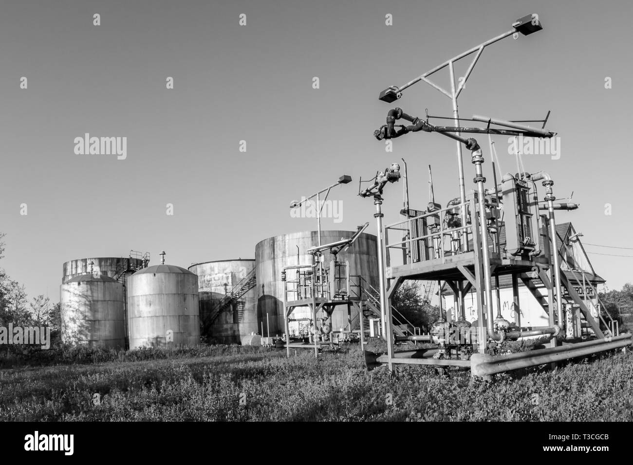 Monochrome picture of oil refinary Stock Photo