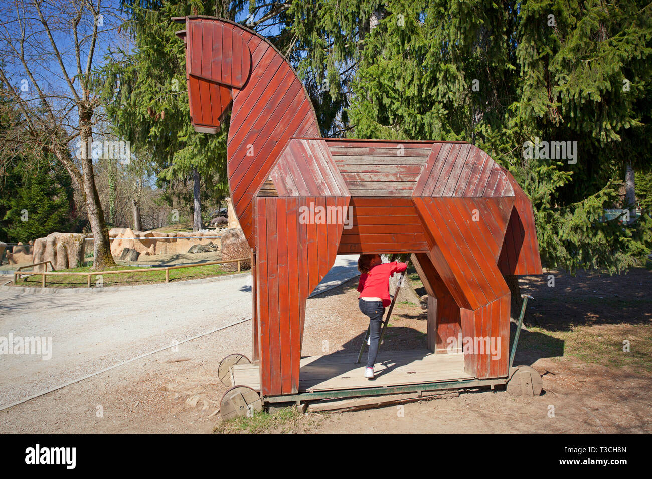 Small Trojan horse replica at the Ljubljana Zoo Stock Photo