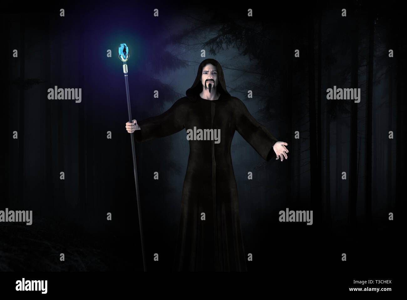 Black wizard in the dark forrest with lighting diamond on the stick. Stock Photo