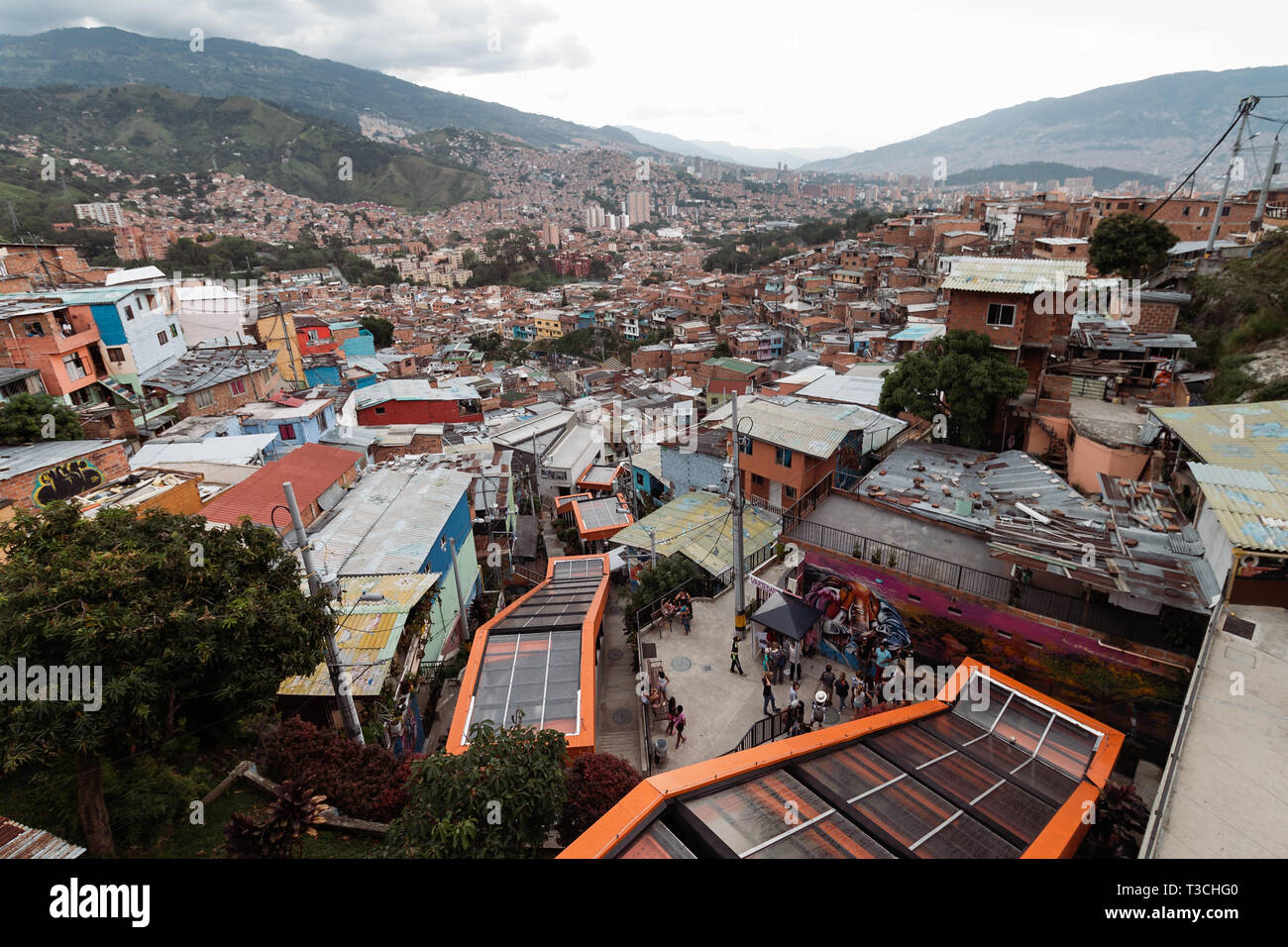 View of  the famous orange escalators and San Javier (Comuna 13) of Medellín (Medellin), Antioquia, Colombia Stock Photo
