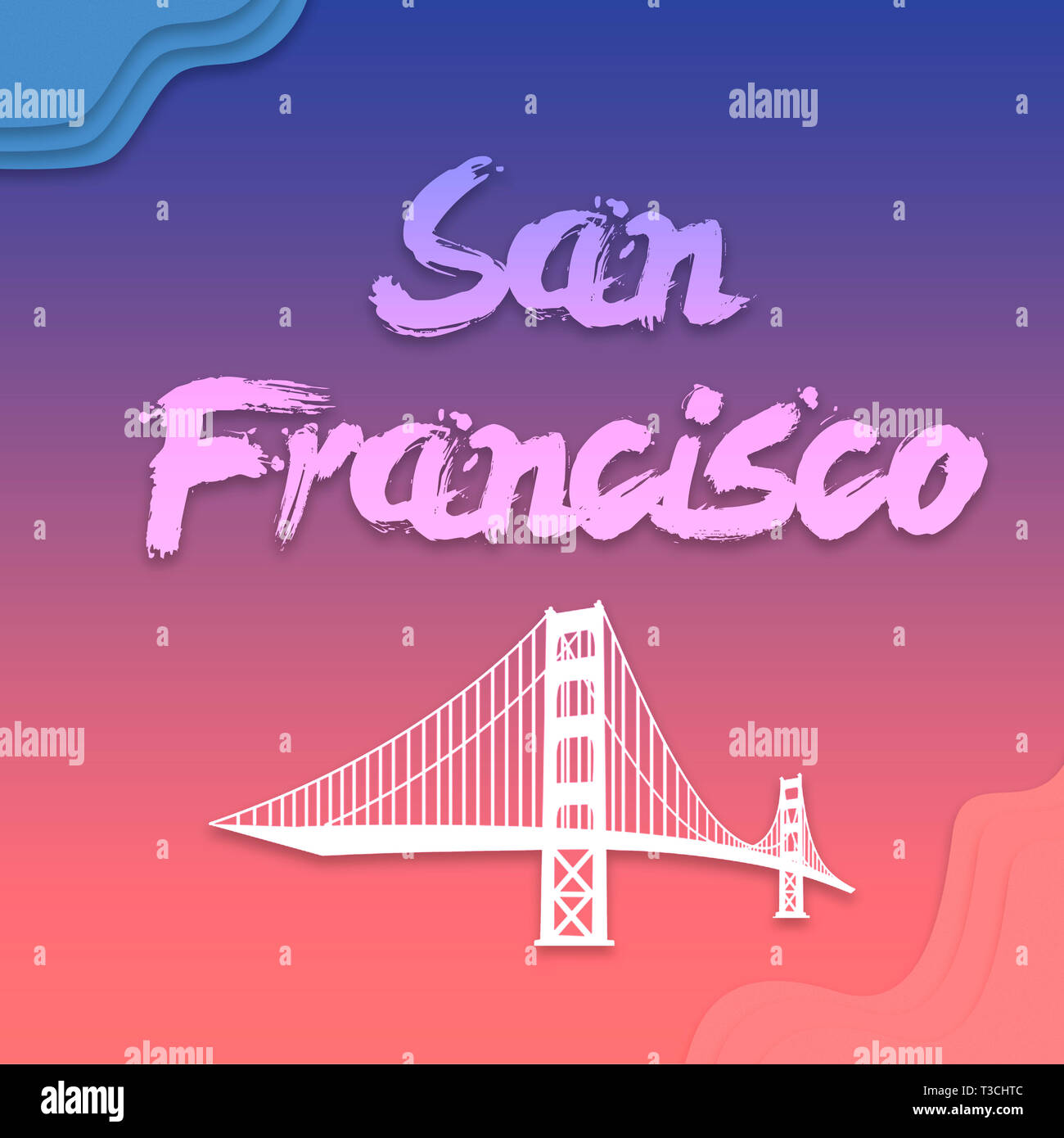 San Francisco bridge and hand written lettering for card, flat clip art Modern brush calligraphy. Isolated on background. illustration on gradient Fla Stock Photo
