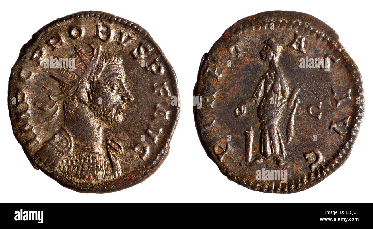 Roman coin: Antonianus from the reign (AD276 - 282) of Probus (Marcus Aurelius Probus: AD232 - 282)  Lugdunum mint, 22mm across; Reverse: 'PIAETAS AVG Stock Photo