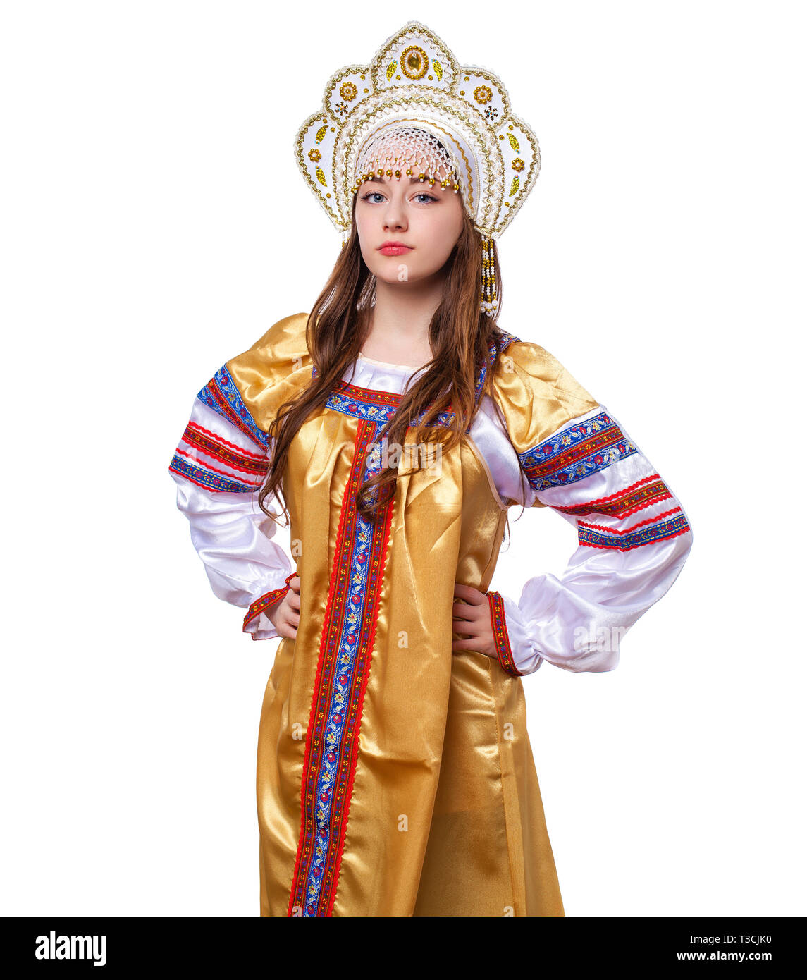 Traditional Russian folk costume, portrait of a young beautiful girl ...