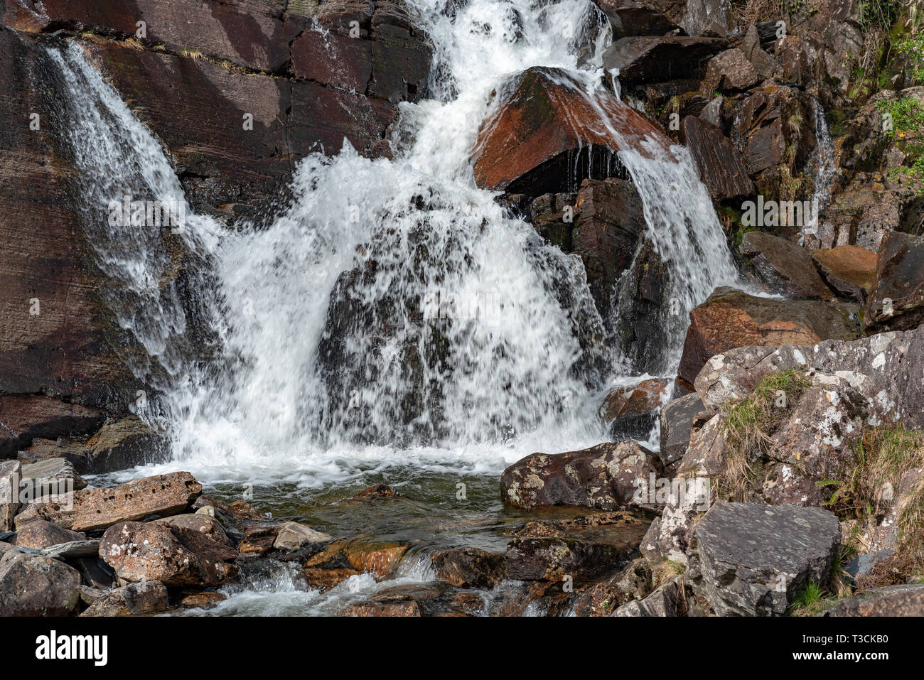 The waterfall at Cwmorthin Terrace and Rhosydd Slate Quarry at Blaenau