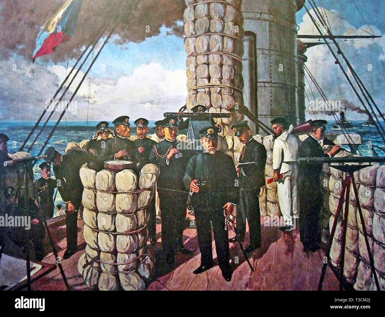 BATTLE OF TSUSHIMA 27-28 May 1905. Japanese Admiral Togo Heihachiro with his officers of the bridge of the MIKASA Stock Photo