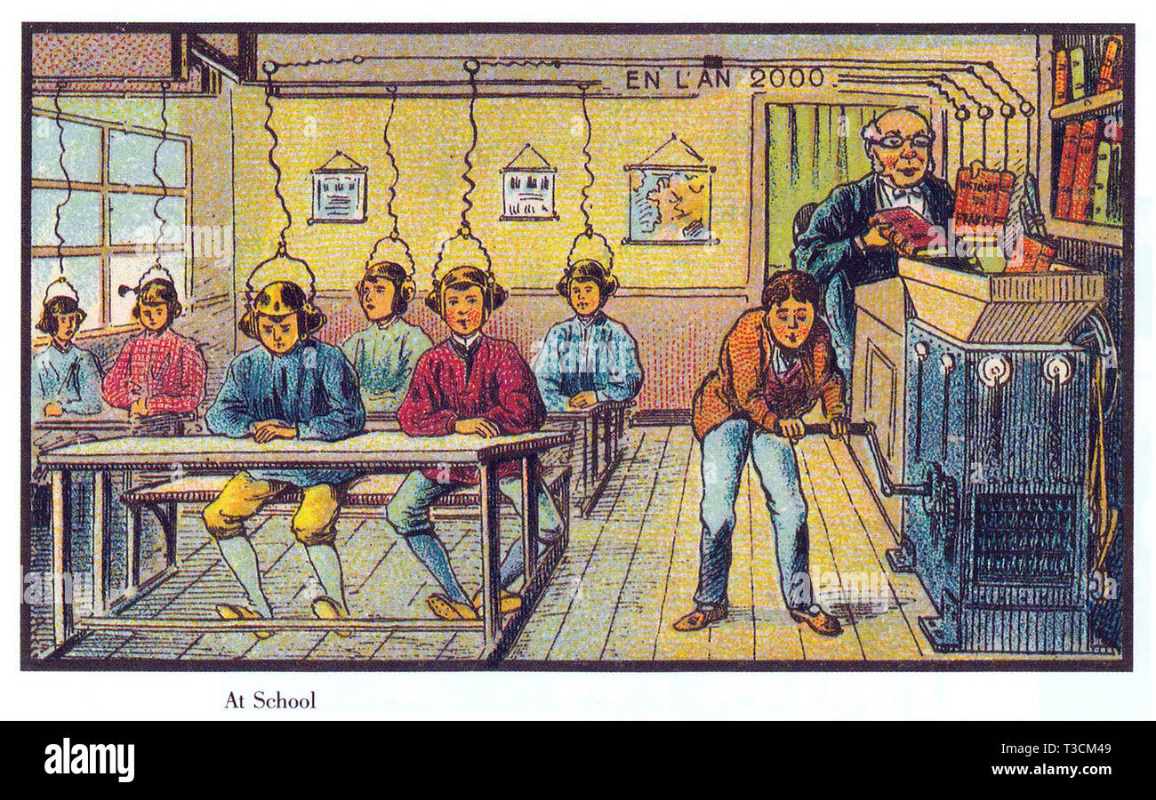 IN THE YEAR 2000  Series of French illustrations published between 1899 and 1910 showing imaginary technological advances. Automated learning at school. Stock Photo
