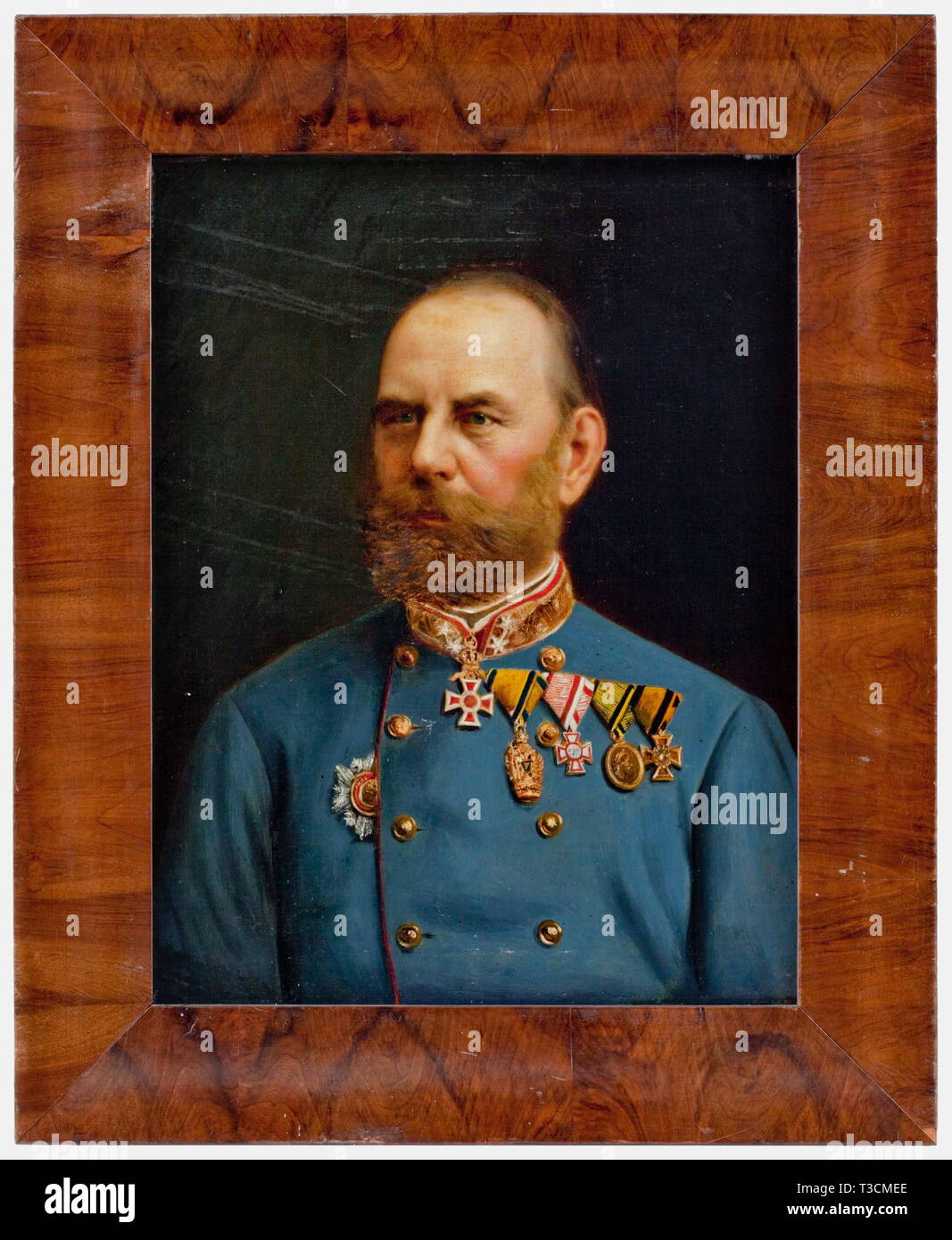 Lieutenant-Field Marshal Freiherr von Hartlieb (1819 - 1888), a portrait painting in uniform Oil on canvas and stretcher, head-and-shoulders portrait, unsigned. Von Hartlieb in Austrian uniform as Lieutenant-Field Marshal with the Grand Cross of the Order of Leopold around his neck, a four-piece medal clasp with the Order of the Iron Crown, the Military Merit Cross, a gold medal, military service badges, and the Star of the Turkish Mejidie Order on his chest. In walnut frame, on reverse an old label bearing the biographical data of FML von Hartli, Additional-Rights-Clearance-Info-Not-Available Stock Photo