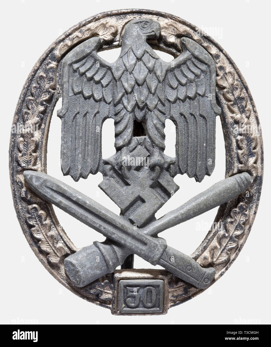 A General Assault Badge, for "50" engagements Solid fine zinc issue by  maker "RK". Silver-plated wreath with "50" numeral plate, inset attachment  pin with waisted steel needle, eagle appliqué fastened with four