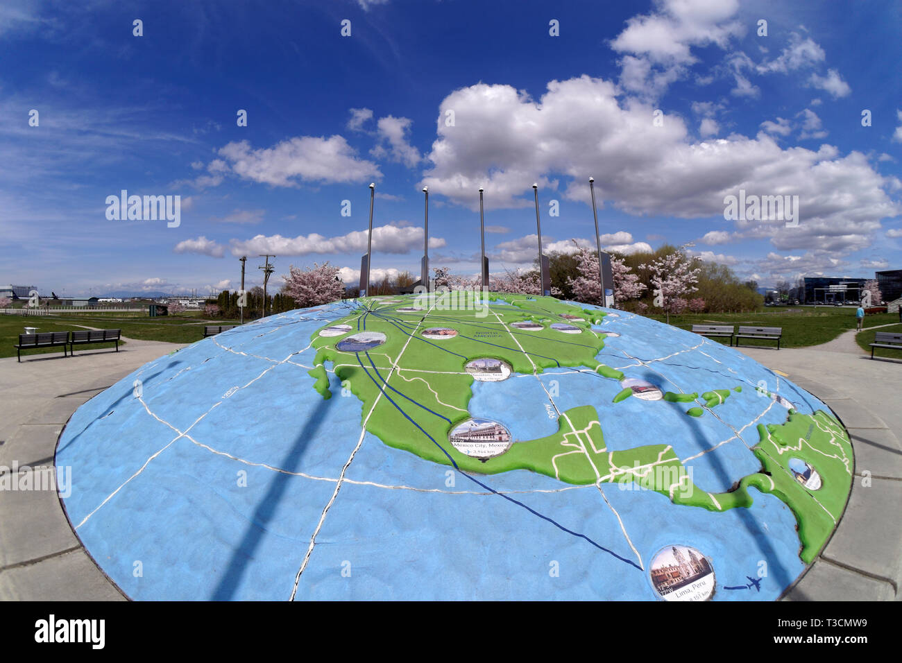 Fsheye view of three dimensional map of the world showing the Americas  in Larry Berg Flight Path Park, Richmond, BC, Canada Stock Photo