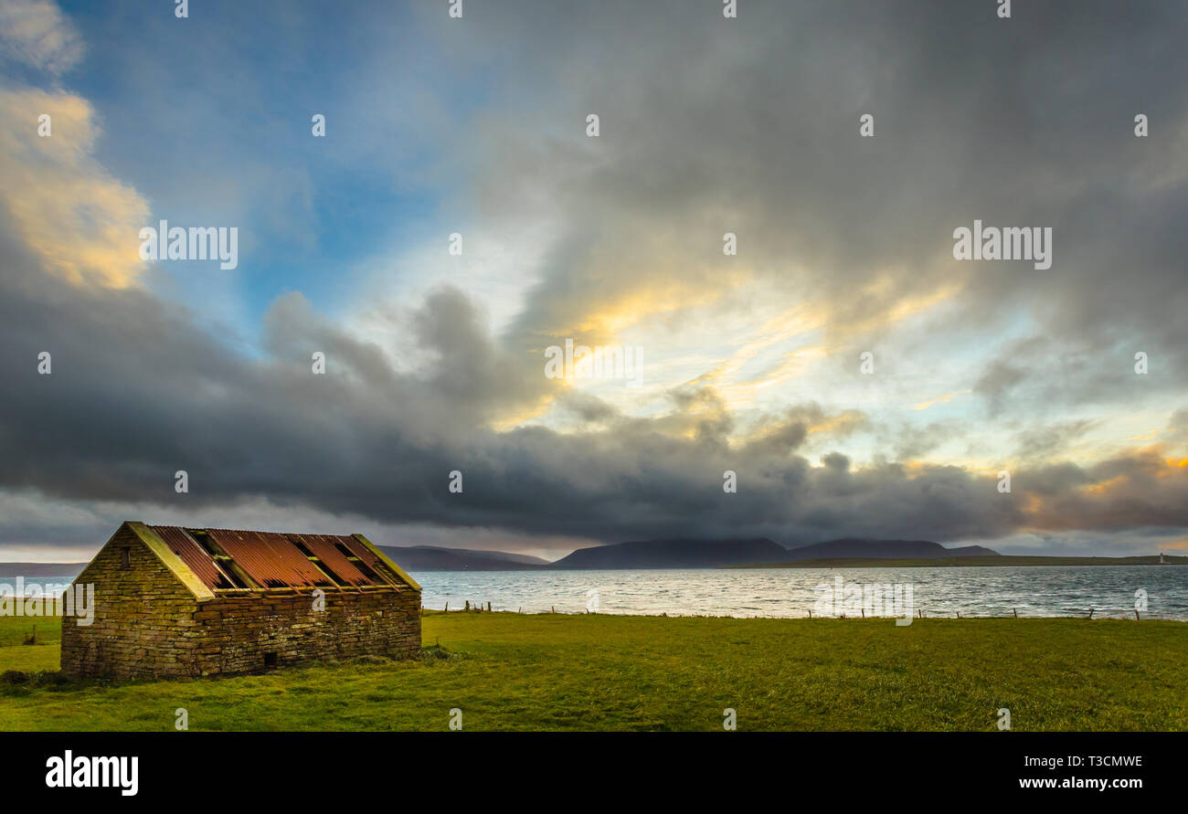 Derelict stone barn at Clestrain, Orkney Islands. Stock Photo