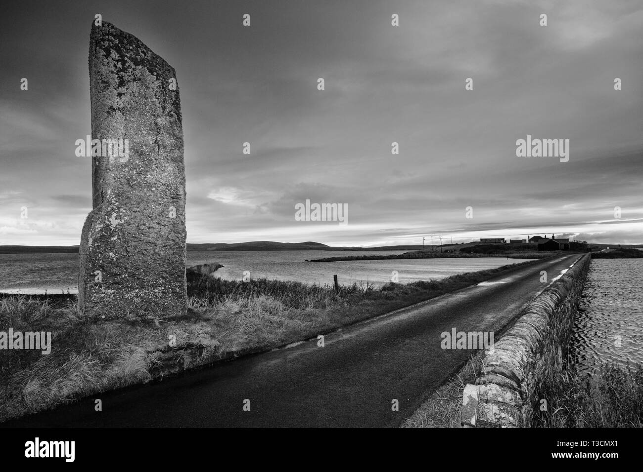 The Watchstone and the Brig o' Brodgar, Mainland, Orkney Islands. Stock Photo