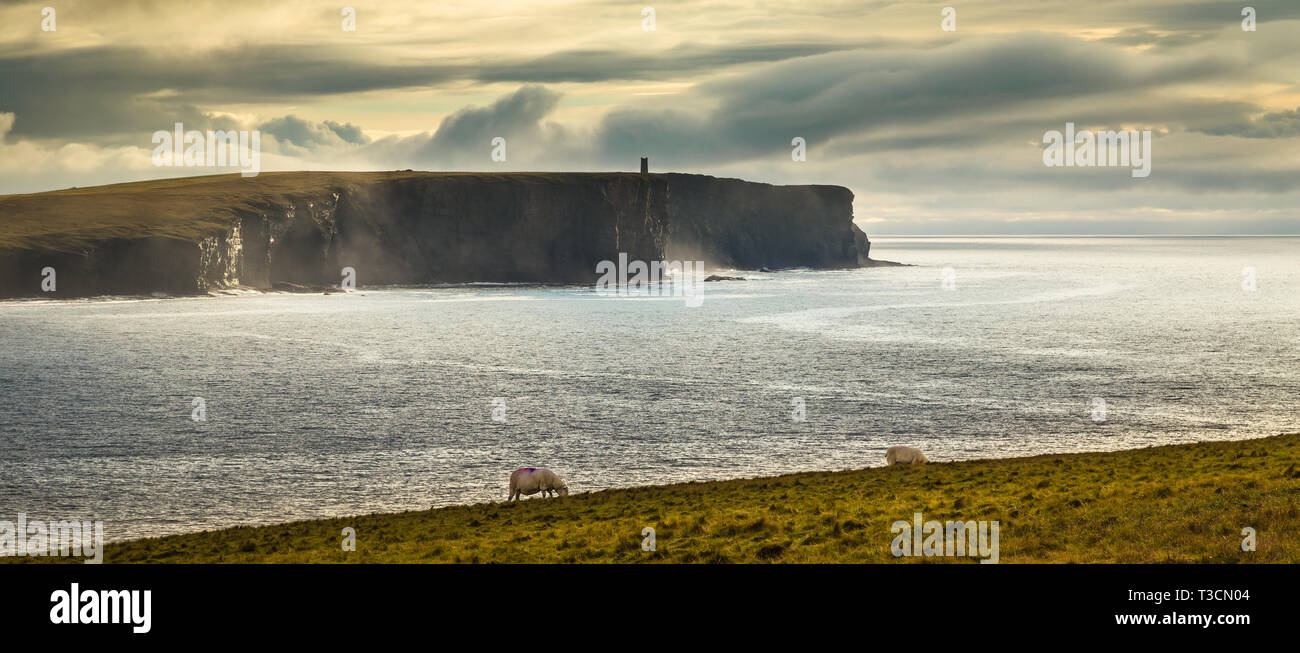 Marwick Head and the Kitchener Memorial, from the Brough of Birsay, Orkney Islands. Stock Photo