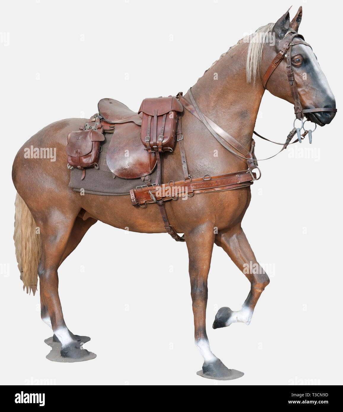 A brown life-size resin horse, with poney tale and mane, incomplete saddle, saddle cloth, bridle, harness, two M34 saddle bags and a small saddle bag. Height approx. 2.20 m, length approx. 2.50 m. historic, historical, 20th century, utensil, piece of equipment, utensils, item, items, object, objects, stills, clipping, clippings, cut out, cut-out, cut-outs, Additional-Rights-Clearance-Info-Not-Available Stock Photo