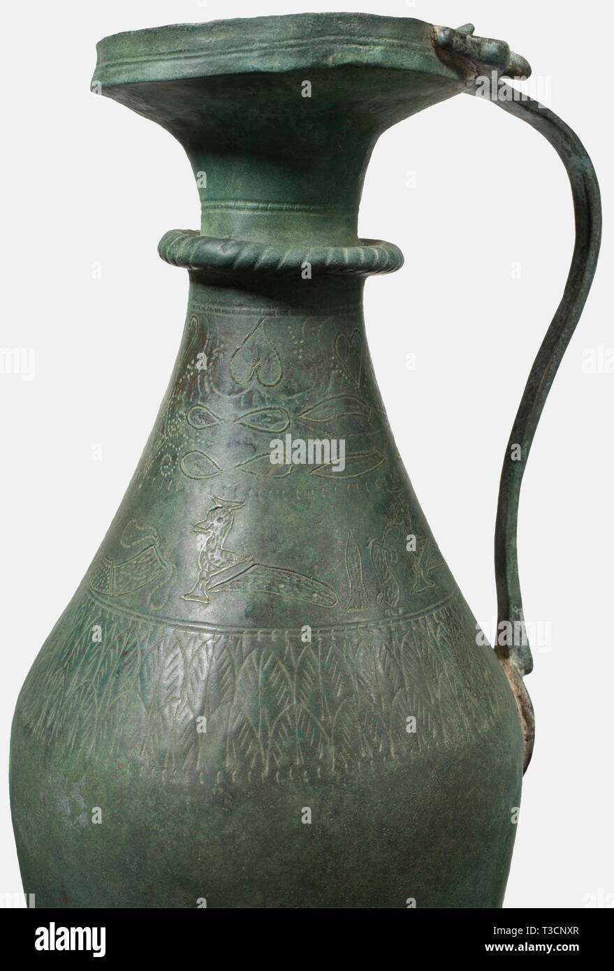 A Roman bronze ewer with silver inlays, 2nd - 4th century A.D. Bronze with greenish patina
