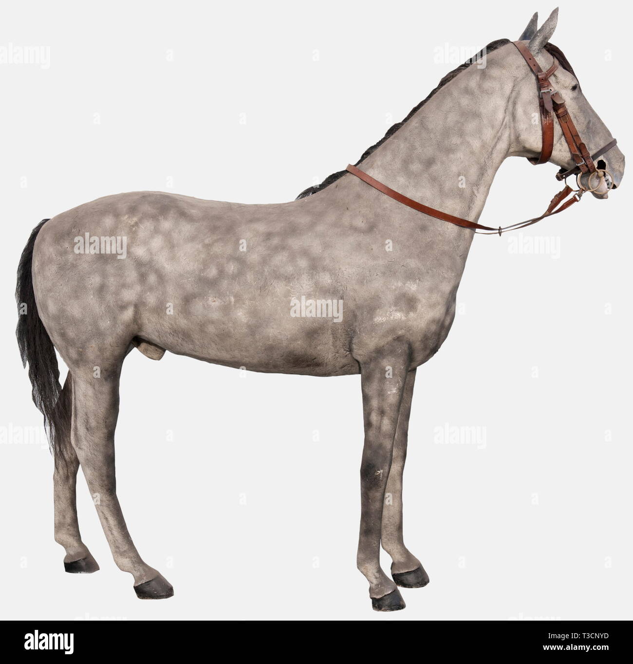 A grey life-size resin horse, with pony tail and mane, and with parts of the leather bridle. Height approx. 2.20 m, length approx. 2.50 m. historic, historical, 20th century, utensil, piece of equipment, utensils, item, items, object, objects, stills, clipping, clippings, cut out, cut-out, cut-outs, Additional-Rights-Clearance-Info-Not-Available Stock Photo