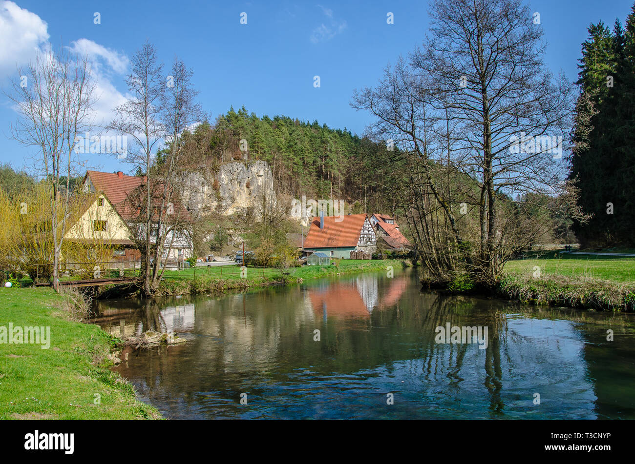 Franconian Switzerland is in Upper Franconia, a popular tourist retreat. Located between the River Pegnitz, the River Regnitz and the River Main. Stock Photo