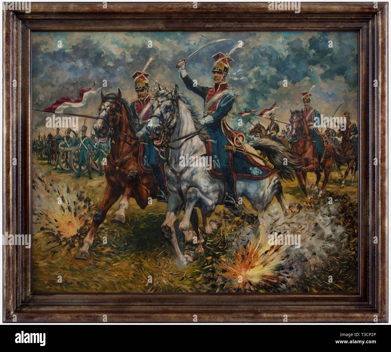 Ruszczinski, Attack of the Polish Legion Lancers Oil on canvas, dimensions of the picture 79 x 100 cm, signed on the lower left 'Ruszczinski 80', framed. Dynamic depiction of attacking lancers during the Napoleonic Wars, on the left battery of the French artillery, in the foreground grenade impacts. The light Polish cavalry fighting for the French troops impressed Napoleon very much due to their bravery. historic, historical, people, 19th century, painting, paintings, fine arts, art, illustration, man, men, male, Additional-Rights-Clearance-Info-Not-Available Stock Photo