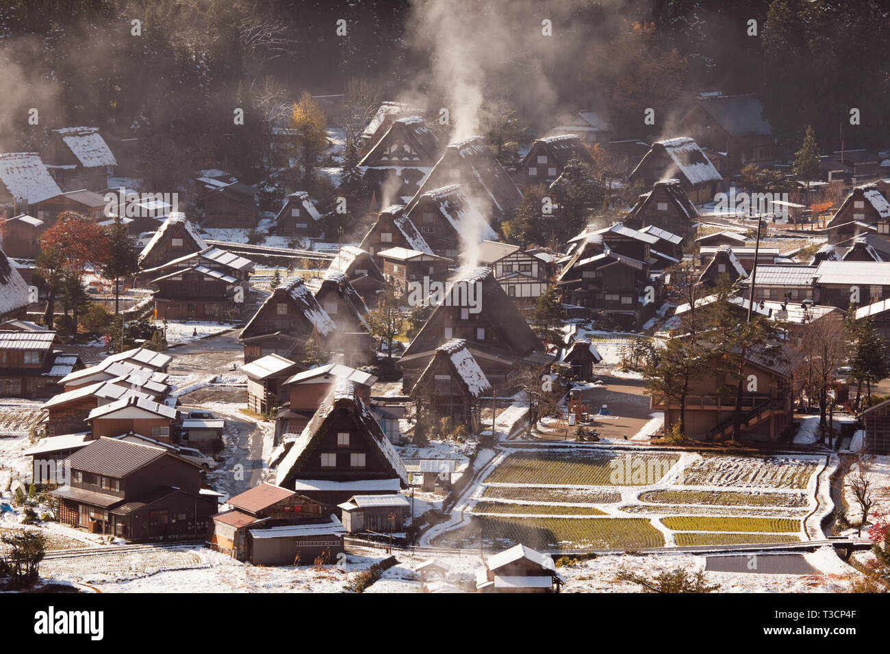 Morning sun hits the first snow of the year  Ogimachi Village.  Water vapour from the snow condenses in the cold air creating a layer of mist over the Stock Photo