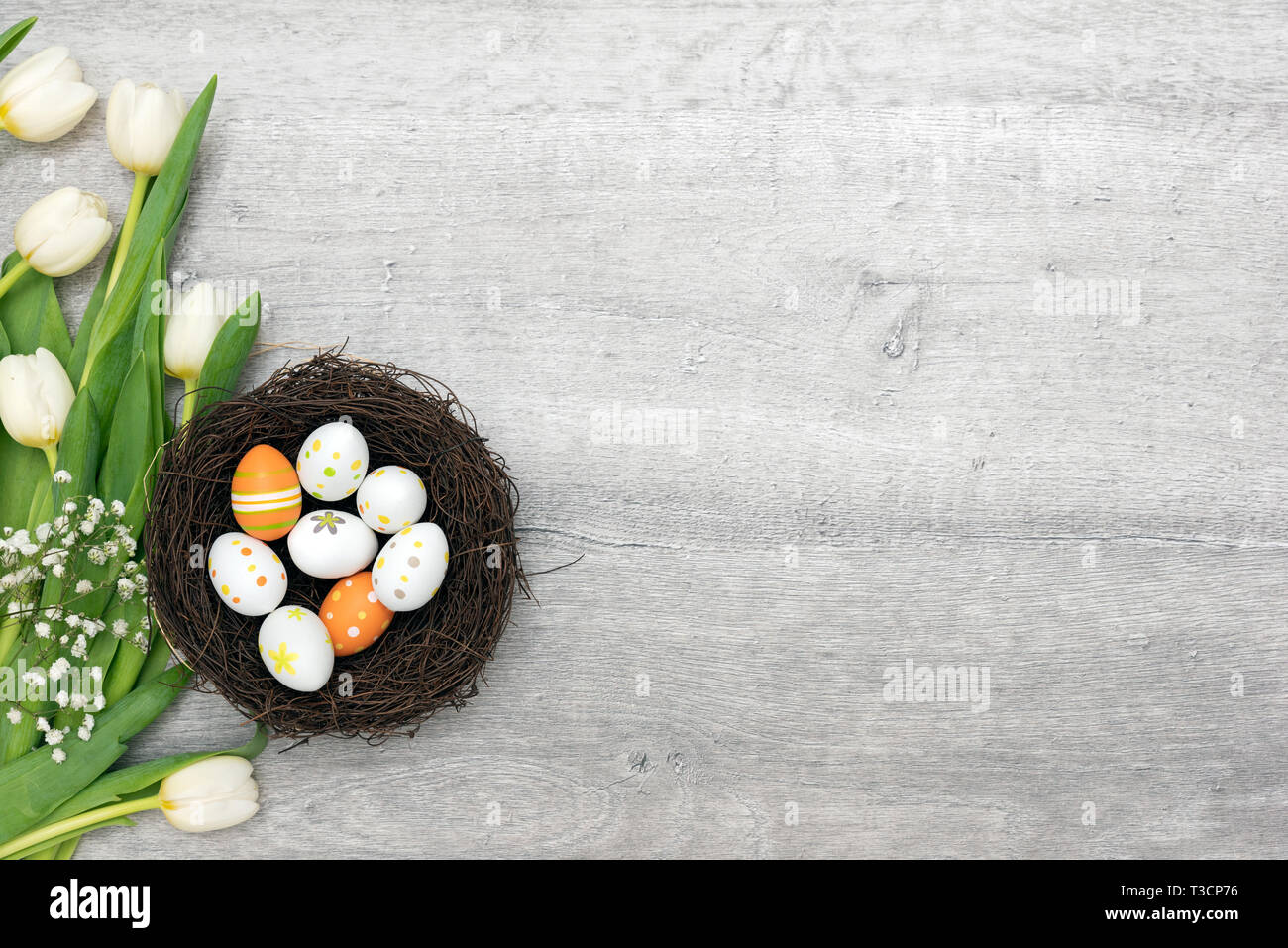 Easter eggs and spring flowers background. Top view with copy space ...