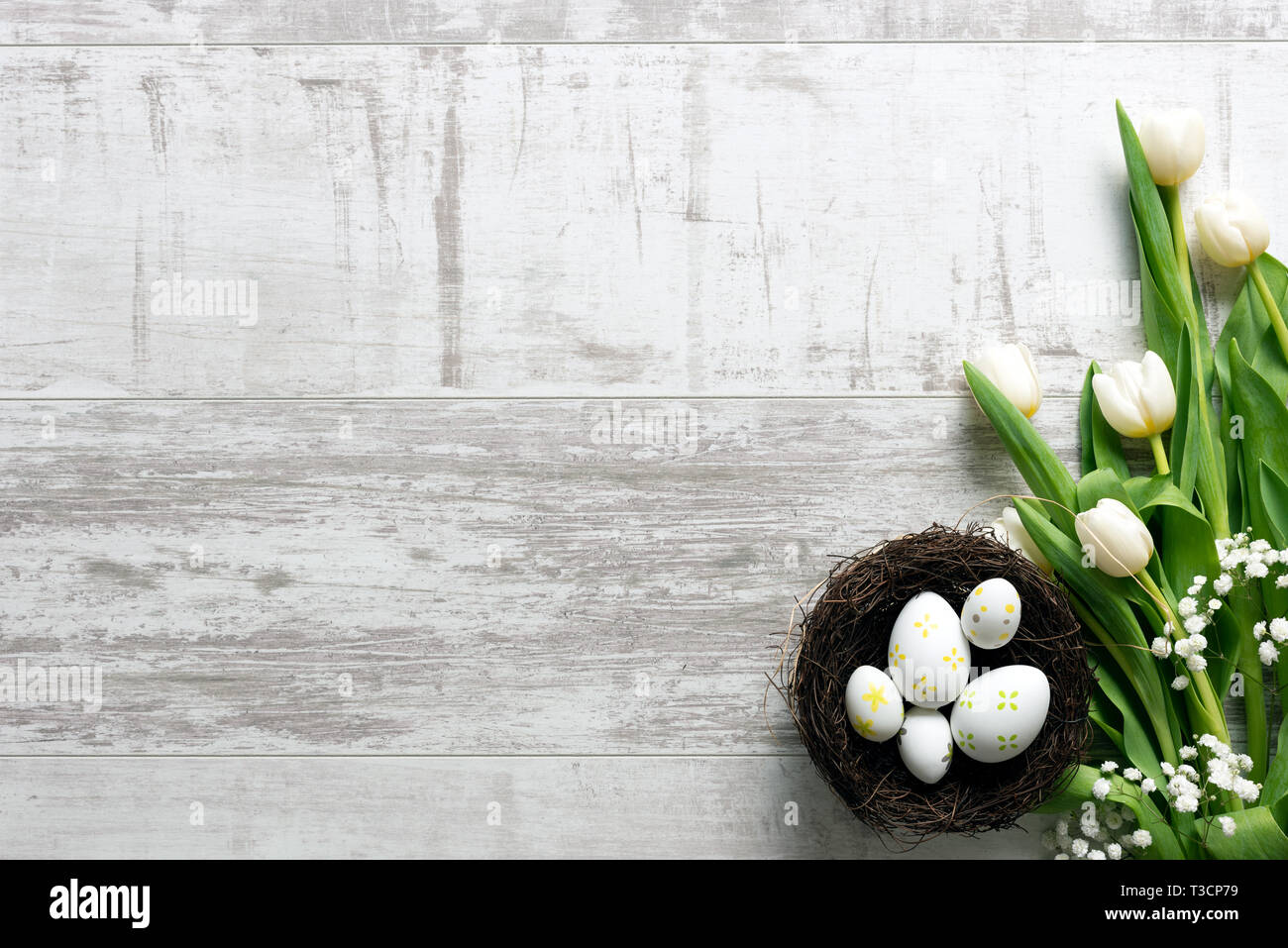 Easter eggs and spring flowers background. Top view with copy space ...