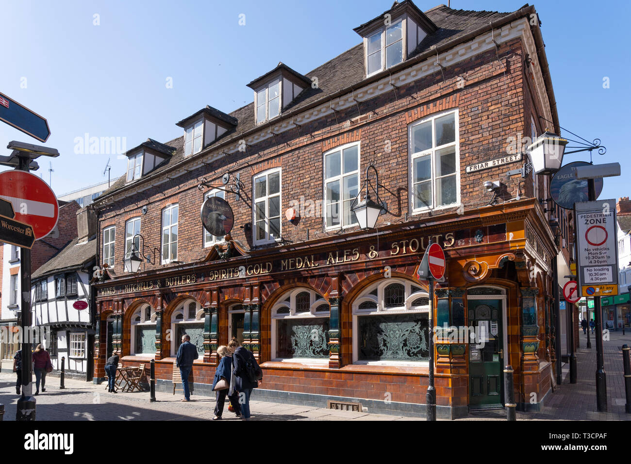 The Eagle Vaults Public House is a traditional local pub and a Grade II listed building with a tiled facade and etched windows in Worcester, England Stock Photo