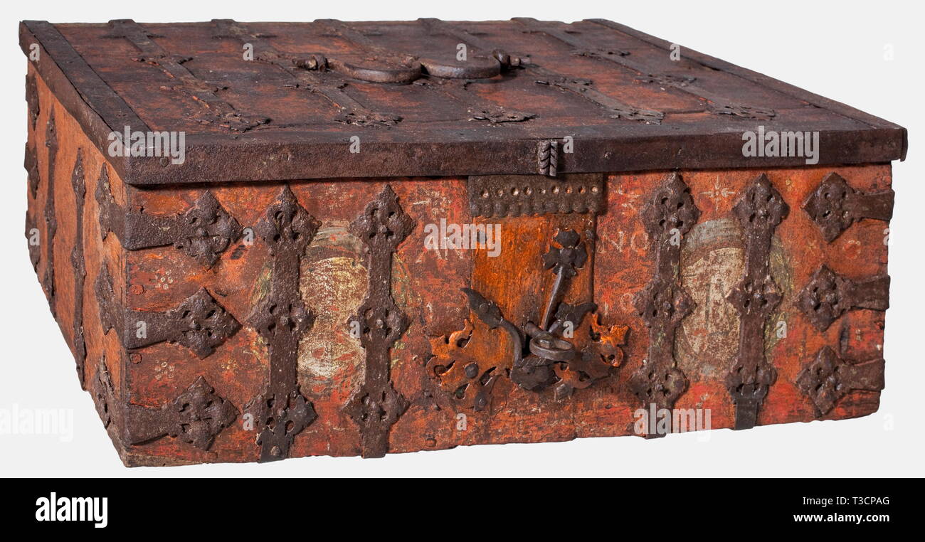 A late Gothic German letterbox, circa 1500 Rectangular oakwood casket heavily reinforced with iron bands, and with remnants of the original finish. Triple-hinged lid with a curved, 'M'-shaped iron handle. The front section has an internal lock and displays two later coats of arms, dated '1610'. The interior with a small seperate compartment. Some repairs to the wood and mountings. Old matching key. Dimensions 62 x 42 x 22 cm. historic, historical, 16th century, handicrafts, handcraft, craft, object, objects, stills, clipping, clippings, cut out, , Additional-Rights-Clearance-Info-Not-Available Stock Photo