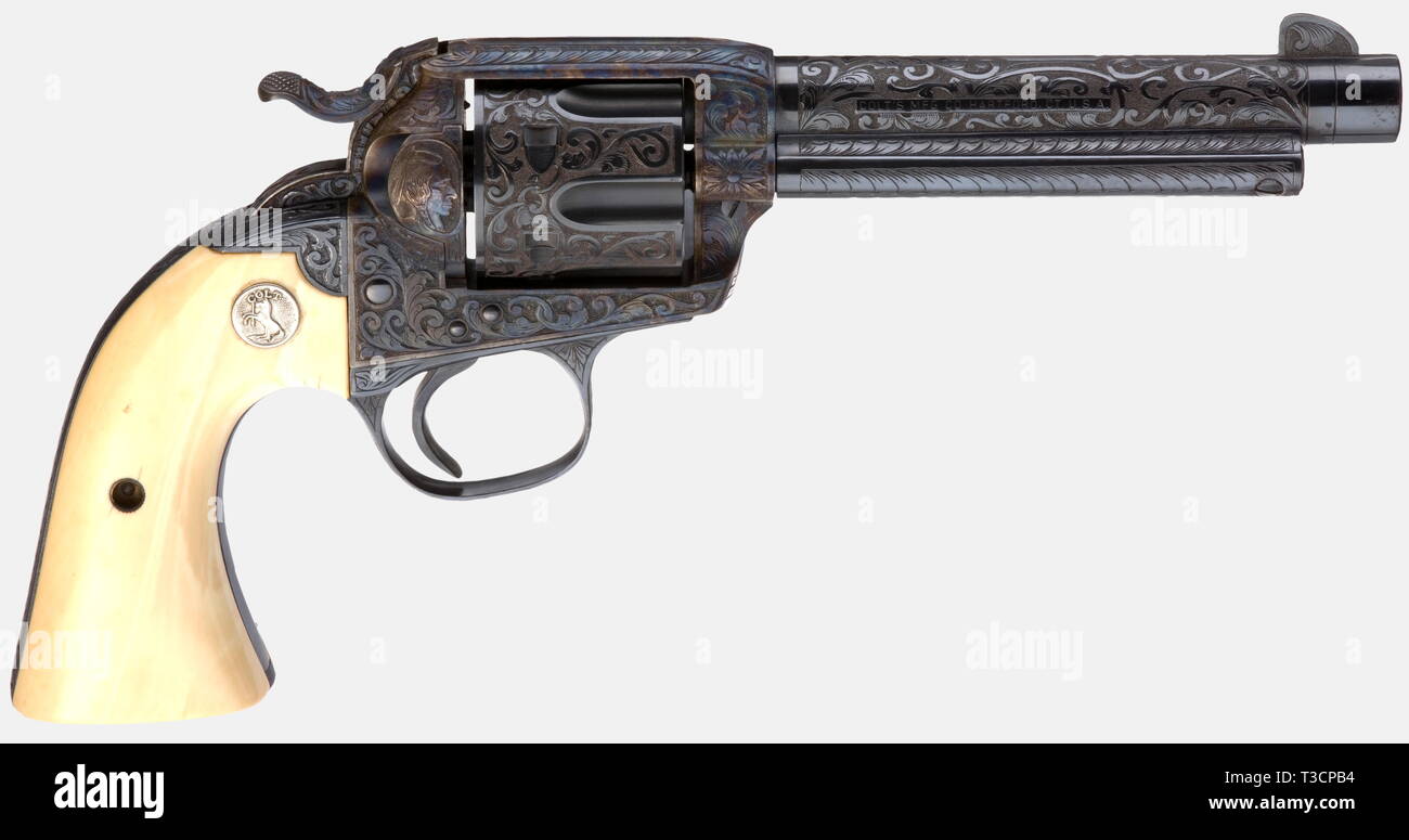 A Colt Bisley, cal..45LC, no. 279402, produced in 1906. Bright bore, 5'-barrel with standard inscription on the right. Barrel, cylinder, trigger guard and grip frame blued. Frame and hammer colour case hardened. Completely and deeply engraved with fine vine décor and western motives. Ivory grip panels with inlaid Colt logo. Erwerbsscheinpflichtig. historic, historical, 1900s, 20th century, civil handgun, civil handguns, handheld, gun, guns, firearm, fire arm, firearms, fire arms, weapons, arms, weapon, arm, object, objects, stills, clipping, clip, Additional-Rights-Clearance-Info-Not-Available Stock Photo
