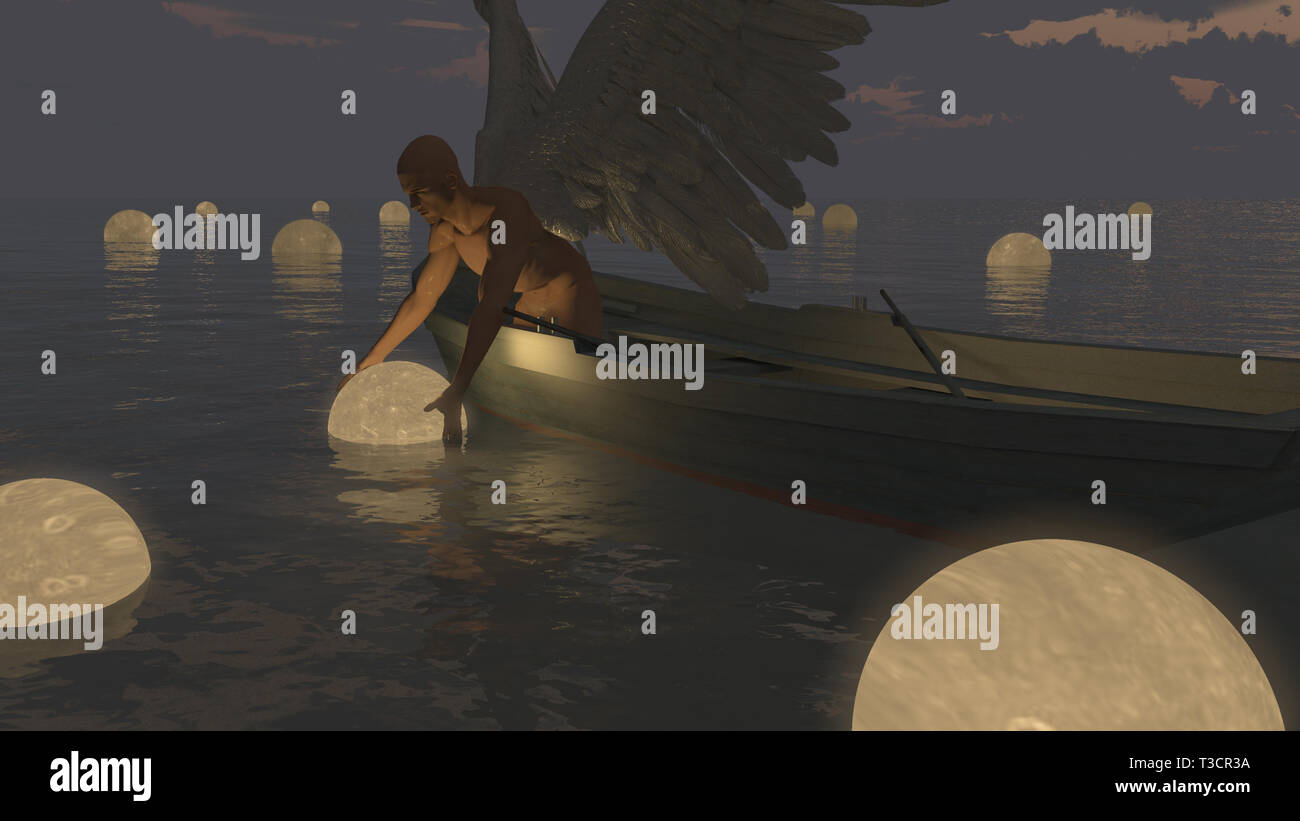 Surreal composition. Angel collects moons Stock Photo