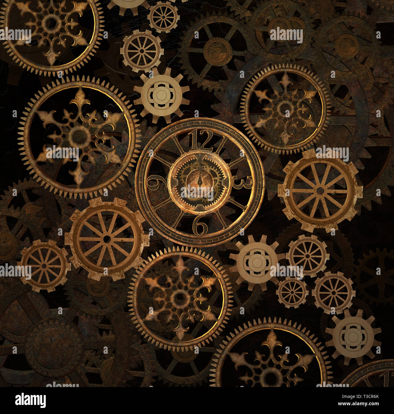 Steampunk intricate gears and cogs background Stock Photo