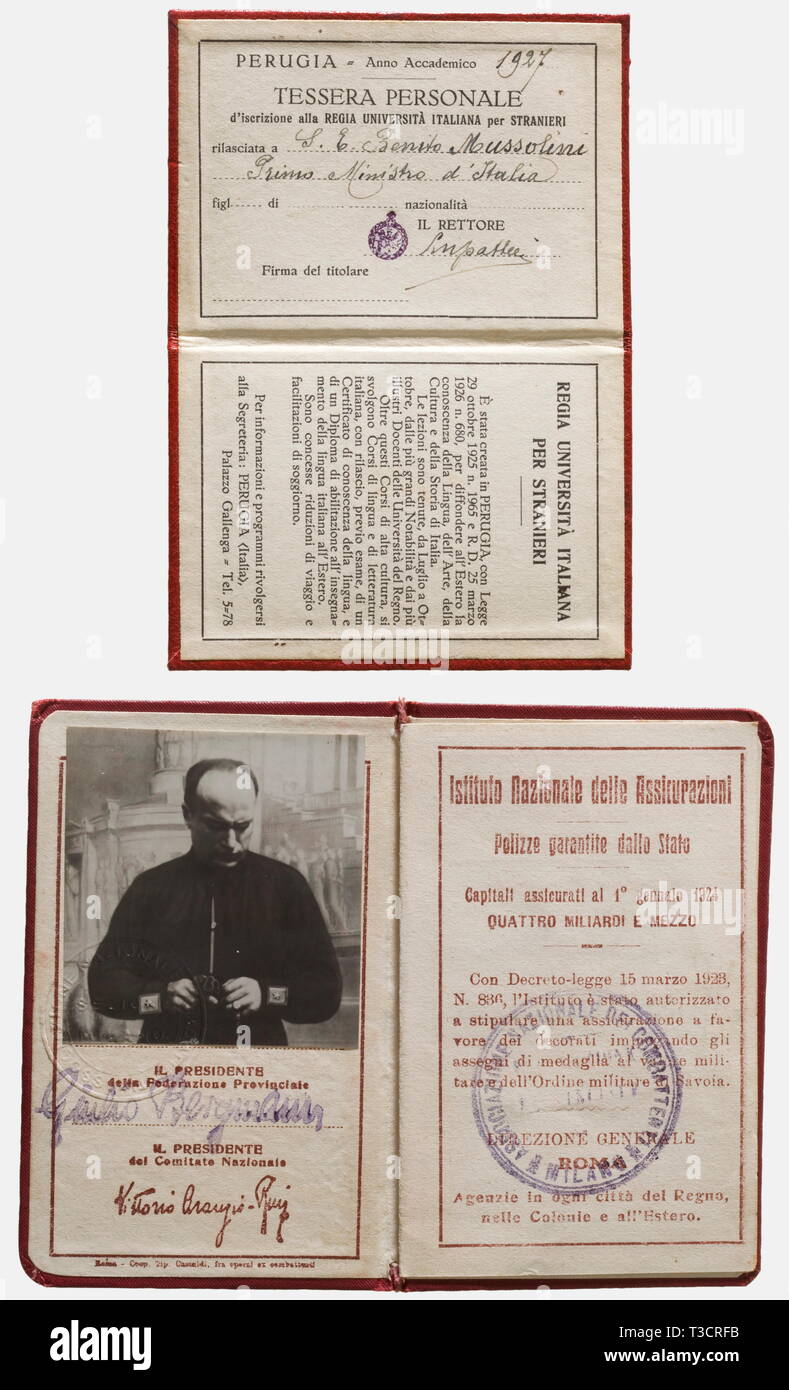 Benito Mussolini, two identifications A membership card for the Milan province war veteran's group, red cover with the symbols of the Associazione Nazionale Combattenti. It has a photograph of Mussolini in a black party uniform, date he joined: '7 November 1919', his profession, 'Publicist', his rank, 'Bersaglieri NCO' in 1st World War, and his decorations, 'Croce al merito di Guerra, 'Cav. O.S.-SS Annuziata.' Issued 1924, Tessera (Identity Card) No.'93', 'Foro Bonaparte 32 - Gruppo Garibaldi'. Dimensions 10.7 x 6.8 cm. Benito Mussolini volunteered in August 1915 for the 11, Editorial-Use-Only Stock Photo