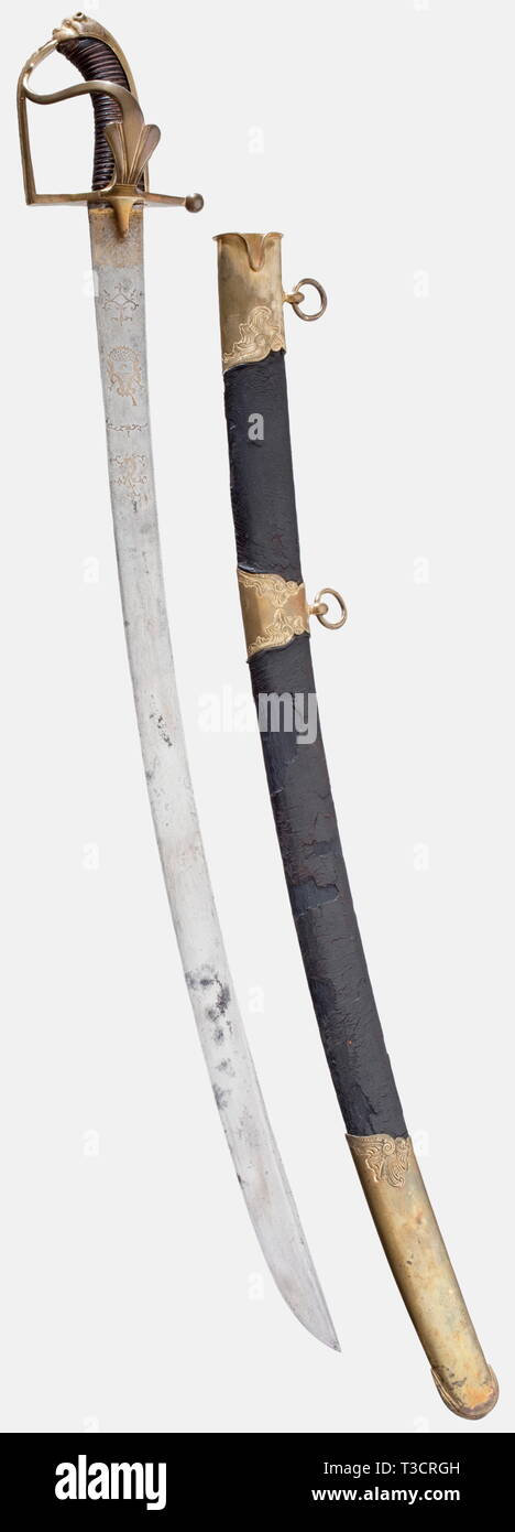Jean Gaspard Hulot de Collard (1780 - 1832), a sabre for the commander of the Légion de Nesselrode, 1808 Slightly curved blade (somewhat stained), etched and gilt on both sides of the forte. The obverse side has a crescent moon coat of arms framed by vine work, and trophies at the base of the blade, the reverse side has a trophy bundle, an oriental figure, and the owner's inscription 'de Collard, Commandant de la Légion de Nesselrode au Service de la Majesté Impériale Royale apostolique'. The maker's inscription, 'La Veuve Eickhorn & Fils a Solin, Additional-Rights-Clearance-Info-Not-Available Stock Photo